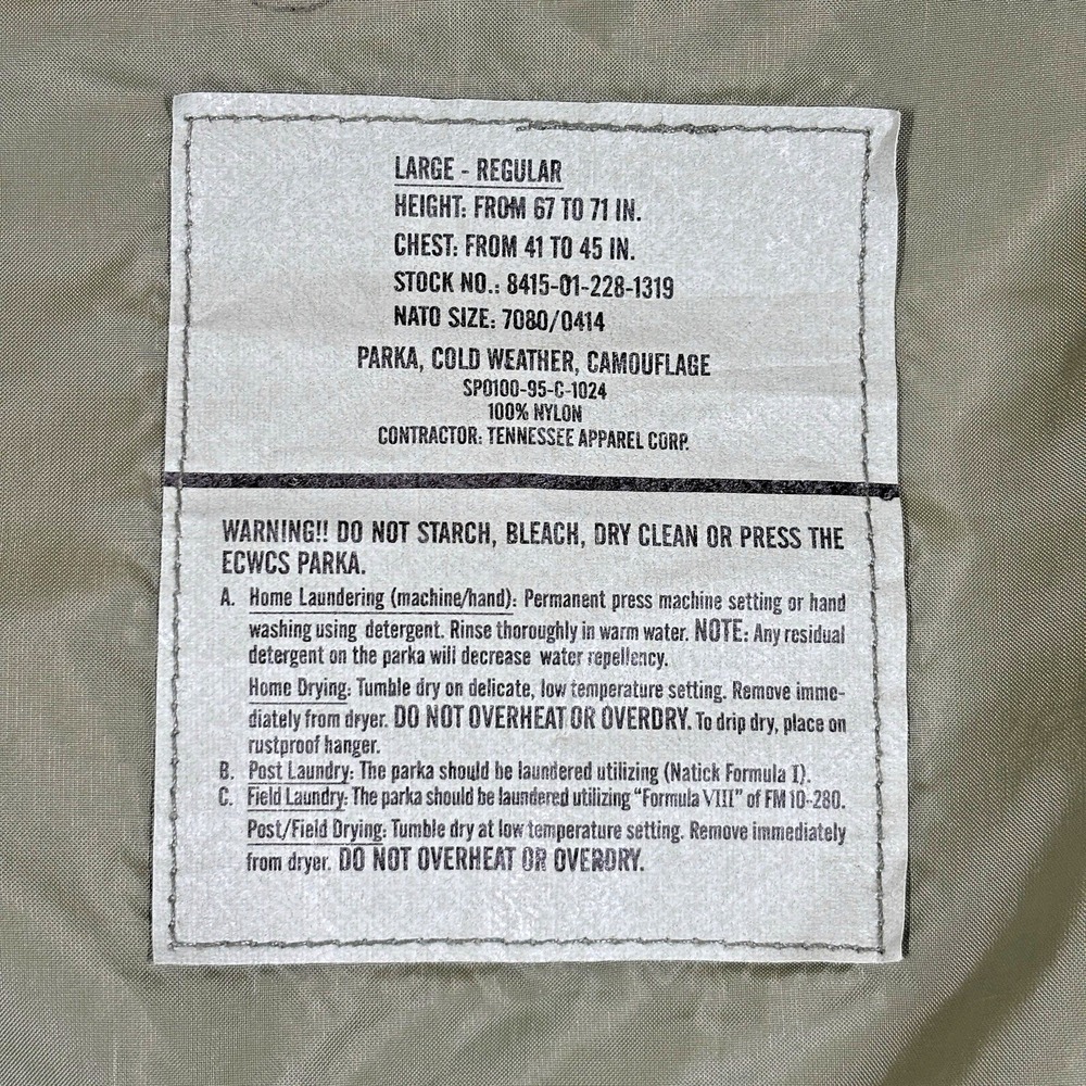 Tennessee Apparel ECWCS Parka Mens Large Regular Camo Cold Weather Gen 1 Jacket - Picture 7 of 16